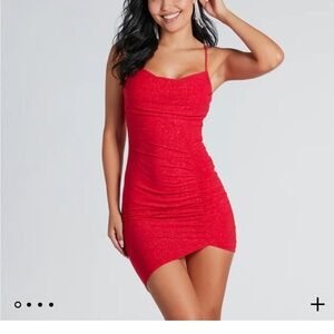 Red mini dress with a ruched slit on the side